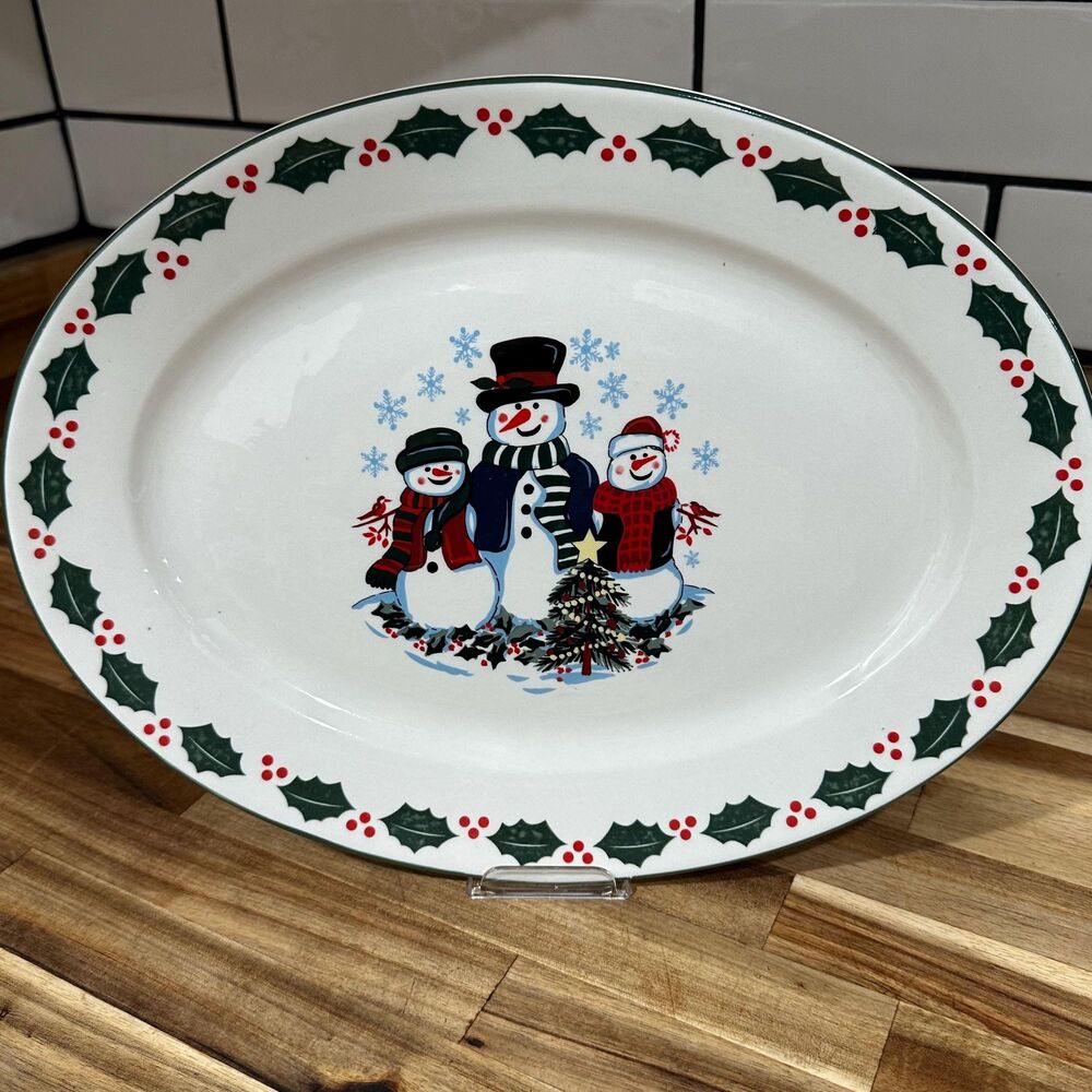 GEI 3 Snowmen Christmas Serving Platter - Holly Border - 14” x 10 1/2” x 1 1/2”